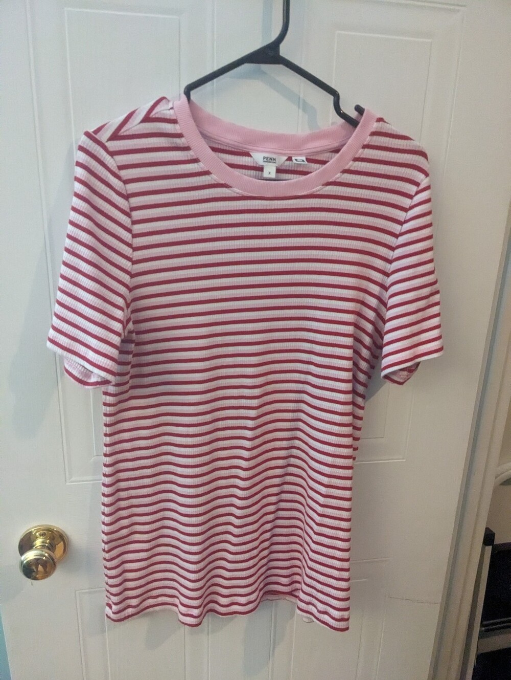 Penningtons Pink , White And Red Striped Ribbed Tee Curvy Fit